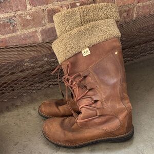 UGG Tan Leather Boots with Shearling Cuff